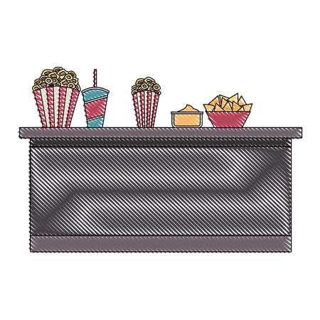 cinema bar counter buckets popcorn soda nachos food vector illustrationのイラスト素材