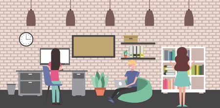 people working workspace desk bookshelf plant clock shelf vector illustrationのイラスト素材