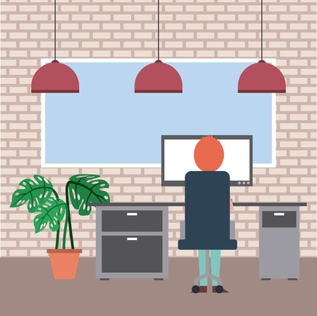 man sitting in the chair back view working in computer plant board lamp and brick wall vector illustrationのイラスト素材