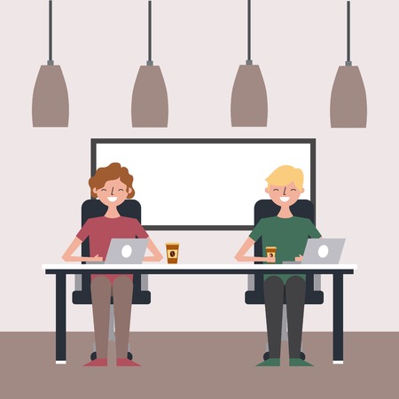 happy young men sitting working with laptop and coffee cups vector illustrationのイラスト素材