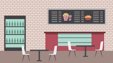 cinema bar counter cooler table chairs menu board brick wall vector illustrationのイラスト素材