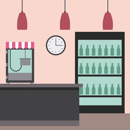 cinema theater shop counter machine popcorn cooler clock and lamp vector illustrationのイラスト素材