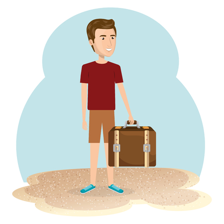 young man in the beach with suitcase vector illustration designのイラスト素材