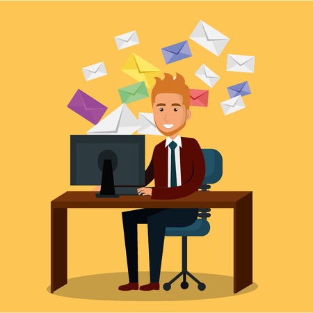 businessman in the office with e-mail marketing icons vector illustration designのイラスト素材