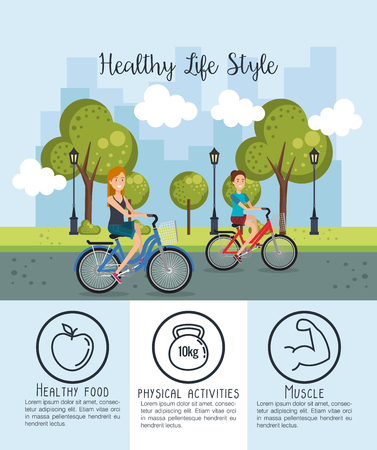 people in bicycle with healthy lifestyle icons vector illustration designのイラスト素材