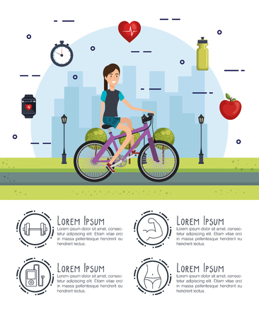 woman in bicycle with healthy lifestyle icons vector illustration designのイラスト素材