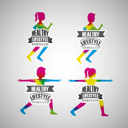 healthy lifestyle sport gym people athletic in watercolour color set vector illustrationのイラスト素材