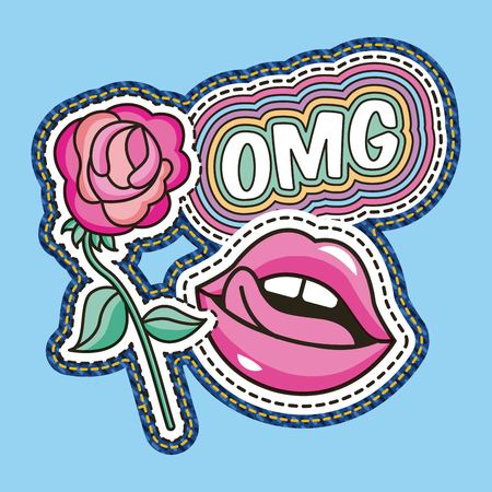 lips tongue out flower omg patches textile design vector illustrationのイラスト素材