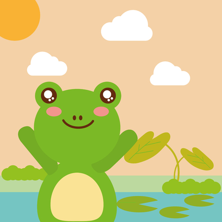 cute animal frog pond leaves natural cartoon vector illustrationのイラスト素材