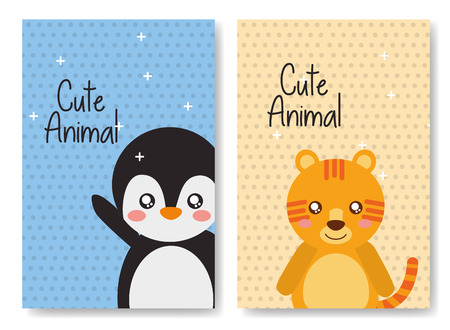 cute animal card tiger penguin cartoon shiny background vector illustrationのイラスト素材
