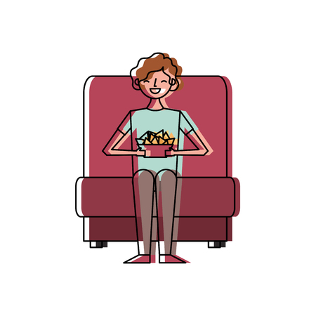 woman watching movie in cinema and eating snacks vector illustration designのイラスト素材
