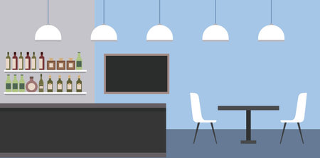 interior bar restaurant table chair bar counter shelf alcohol bottles vector illustrationのイラスト素材