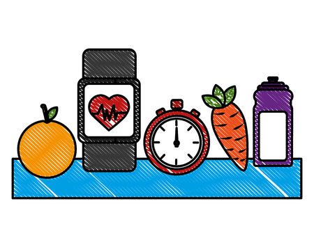 wearable techonology smart watch orange carrot stopwatch healthy lifestyle vector illustration drawing colorのイラスト素材