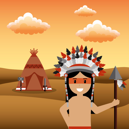 male native american with spear and teepee desert sunset vector illustrationのイラスト素材