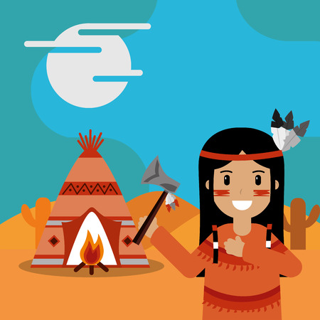 native american with axe in hand teepee bonfire cactus desert vector illustrationのイラスト素材