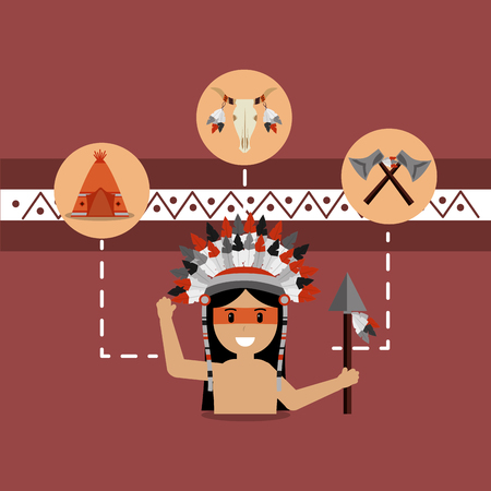 native american people and teepee skull and axes vector illustrationのイラスト素材