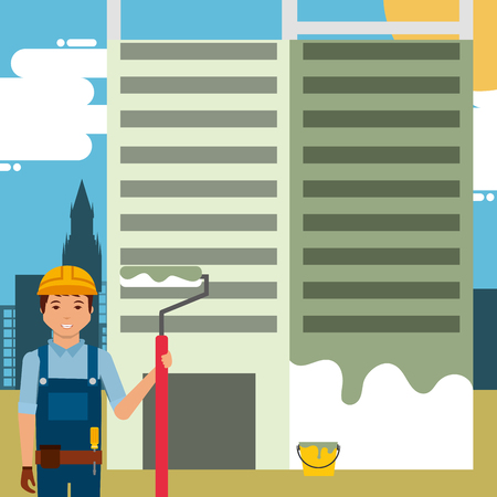 worker painted building with paint roller in construction site vector illustrationのイラスト素材