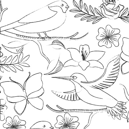 background delicate birds and flowers lilies and roses vector illustrationのイラスト素材