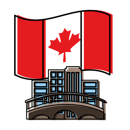 cityscape with bridge and canadian flag vector illustration designのイラスト素材