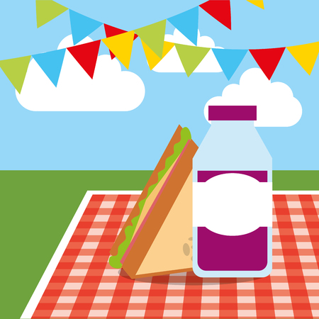 tablecloth with grape juice and slice sandwich garland hanging vector illustrationのイラスト素材