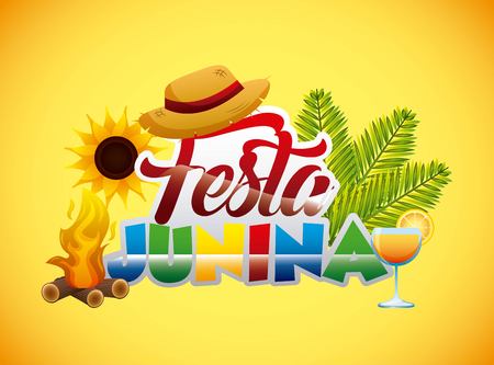 colored festa junina text wicker hat bonfire cocktail vector illustrationのイラスト素材