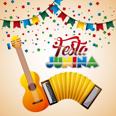 festa junina music guitar accordion pennant confetti vector illustrationのイラスト素材