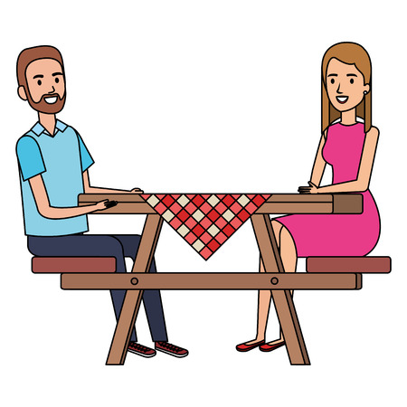 picnic table with couple characters vector illustration designのイラスト素材