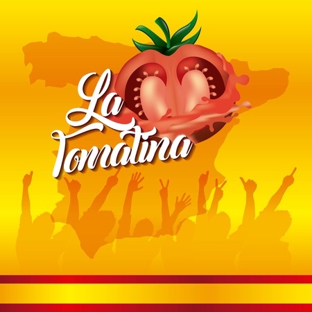 la tomatina yellow background festival people hands up vector illustrationのイラスト素材
