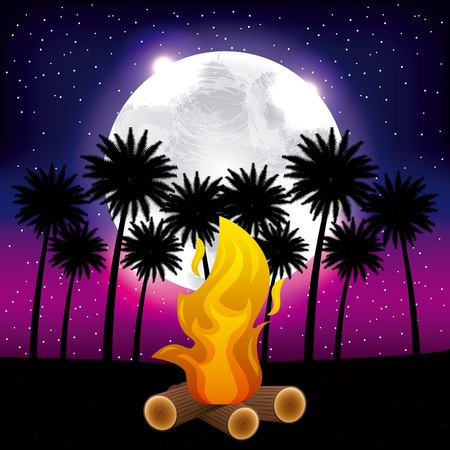 full moon party summer beach night palms moonlight fire celebration vector illustrationのイラスト素材
