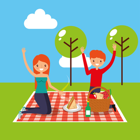happy couple having picnic on tablecloth in the park vector illustrationのイラスト素材