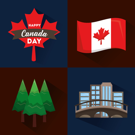 happy canada day flag forest pine montreal and maple leaf vector illustrationのイラスト素材