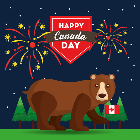 happy canada day grizzly bear in the forest with flag and fireworks vector illustrationのイラスト素材