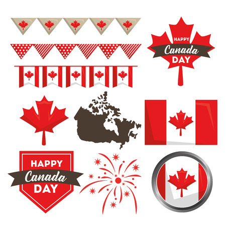 happy canada day - flag map male leaf fireworks elements vector illustrationのイラスト素材