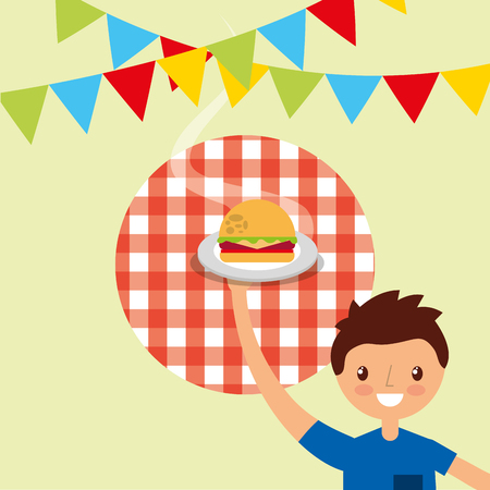 happy young man holding burger with pennant decoration vector illustrationのイラスト素材