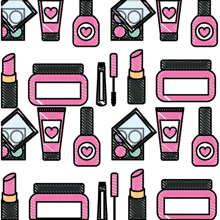 makeup cosmetics glamour nail polish mascara cream eye shadows background vector illustrationのイラスト素材
