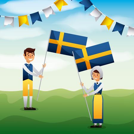 Midsummer swedish celebration with girl and boy holding flag of sweden vector illustrationのイラスト素材
