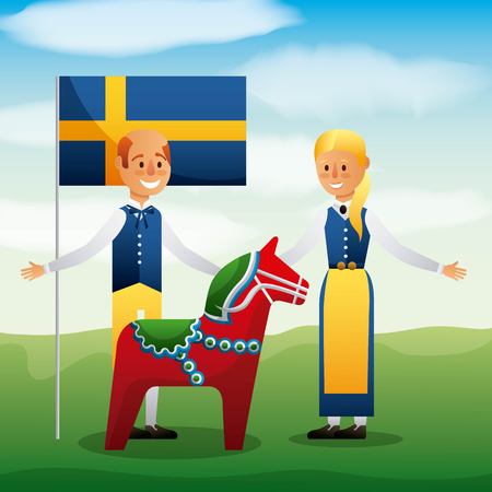 Midsummer celebration with people wearing traditional clothes, swedish flag and woodhorse vector illustrationのイラスト素材
