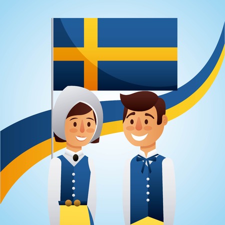 Midsummer celebration with happy couple in traditional swedish clothes vector illustrationのイラスト素材