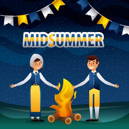 midsummer swedish celebration woman and man smiling bonfire night pennants vector illustrationのイラスト素材