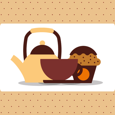 coffee kettle porcelain cup and cupcake vector illustrationのイラスト素材