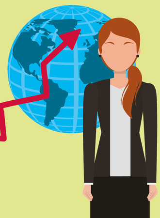 Business woman portrait with globe map and growth arrow vector illustration.のイラスト素材