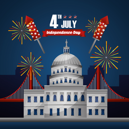 Happy independence celebration important day white house with fireworks vector illustrationのイラスト素材