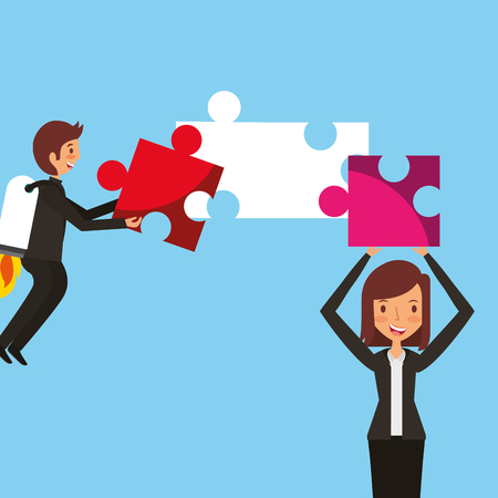 businessman with rocket in back and woman holding puzzle vector illustrationのイラスト素材