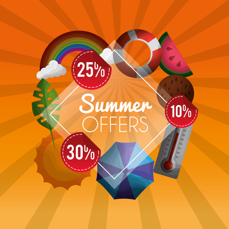 Season summer offerts day umbrellas floats thermometer coconuts rainbow day vector illustrationのイラスト素材