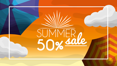 Season summer hot day clouds umbrellas fifty porcent offers nice day vector illustrationのイラスト素材