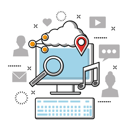 Social media networks people computer with cloud search music location and share vector illustrationのイラスト素材