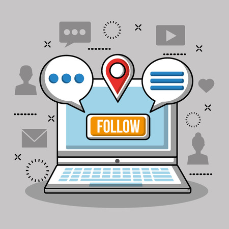 Social media networks cumputer with text location follow media vector illustrationのイラスト素材