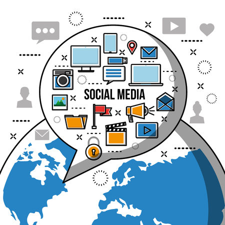 Social media networks world and bubble with many tools tecnology vector illustrationのイラスト素材