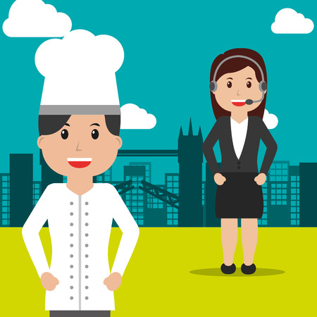 Chef and operator female people workers profession occupation urban background vector illustrationのイラスト素材