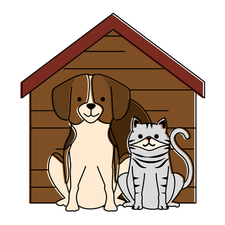 Cute dog and cat with wooden house characters vector illustration designのイラスト素材